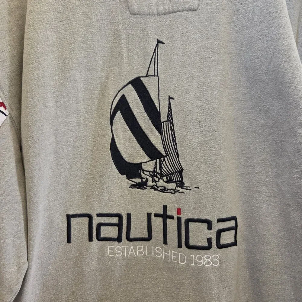 Nautica Mens Grey Sailing Flag Tape Crewneck Sweatshirt Sz XL Retro Preppy